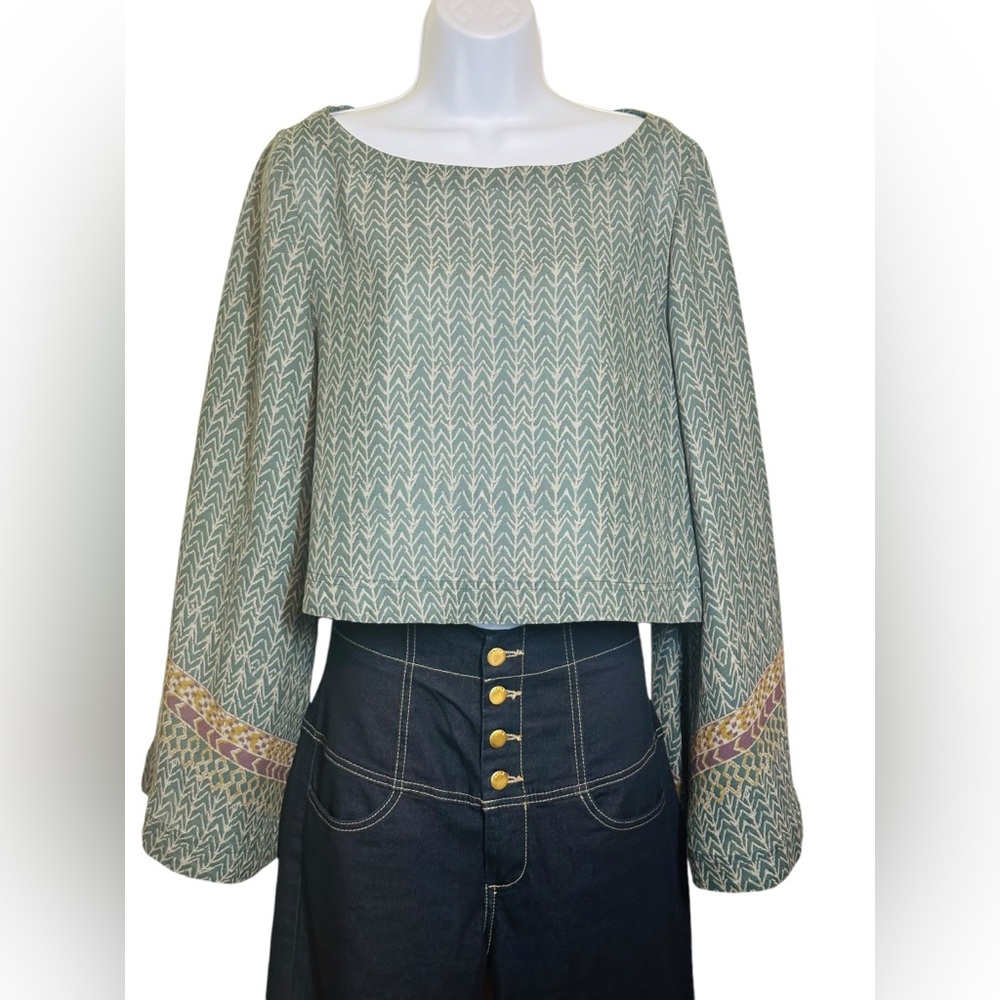 Free People Stars Align Boho Long Bell Sleeve Crop Top Blouse size S NWT